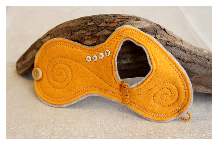 Felt Cuff Sun - Yellow Wrist Warmers, Bracelet, Embroidered with Spirals and Bone Plates