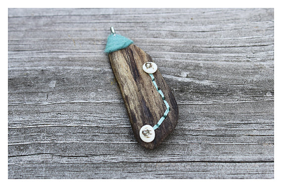Driftwood Pendant, Felt and Bone - OOAK Tribal