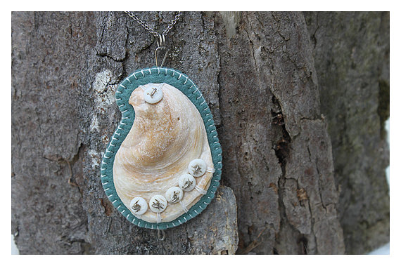 Shell Pendant, Felt and Bone - FREE SHIPPING - Completely Hand Made.