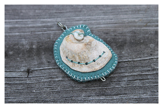 Shell Pendant, Felt and Bone - Completely Hand Made.